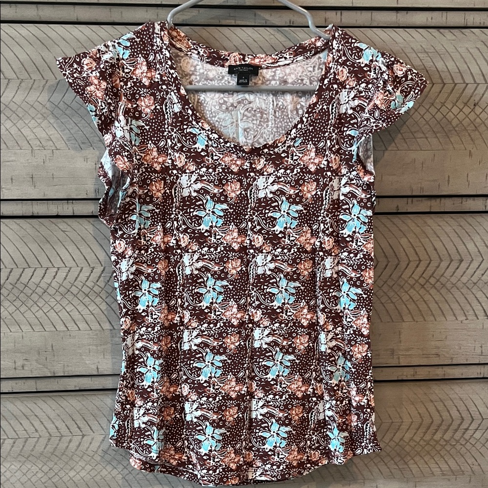 Ann Taylor Factory Floral Short Sleeve Top in Brown and Blue